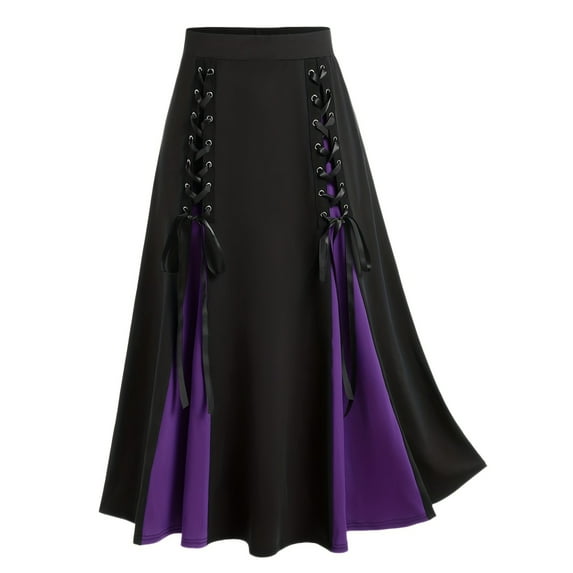 Women Gothic Vintage high waist hem inserted color elastic waist Gothic Ladies Retro half skirt Wine Red