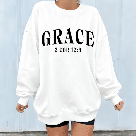 Women Grace 2 Cor 12:9 White Faith Graphic Tee Airy Fit T Shirt Top Inspirational Christian Suitable Round-neck long-sleeved white S-3XL