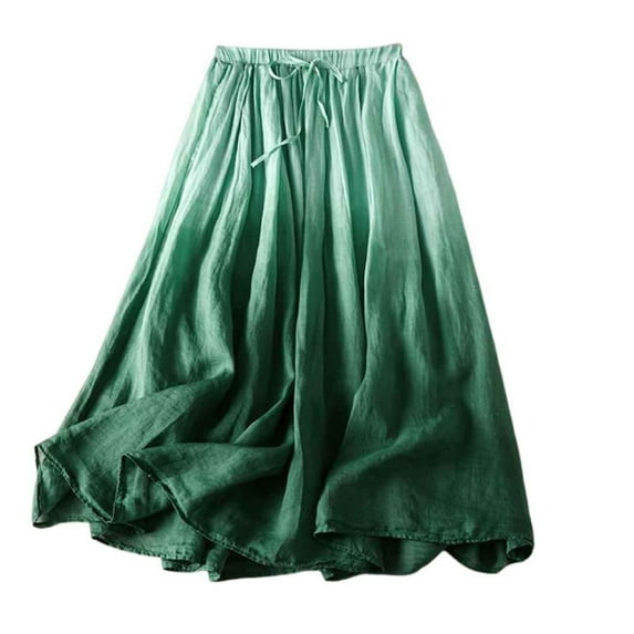 Women Gradient Cotton Linen Skirt Vintage Comfort Elastic Waist Skirt A-Line Casual Fall Maxi Skirts