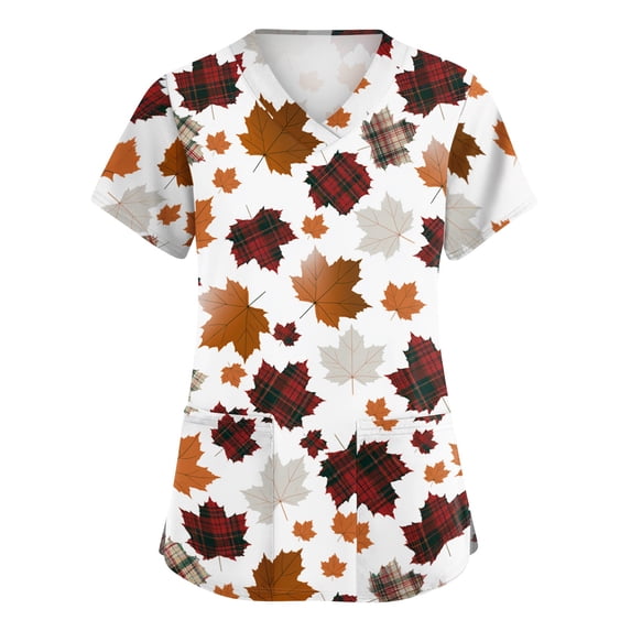 Women Gradient Fall Maple Leaf Print Scrub Tops V Neck Short Sleeve Multi Pocket Nursing Scrub Top Medical Work Uniform for Healthcare Workers White 3XL