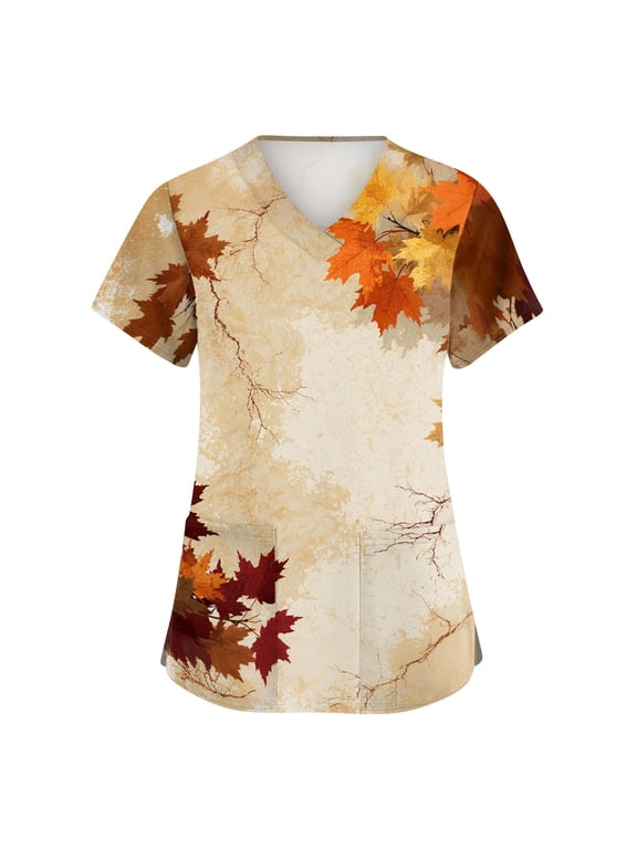 Women Gradient Fall Maple Leaf Print Scrub Tops V Neck Short Sleeve Multi Pocket Nursing Scrub Top Medical Work Uniform for Healthcare Workers Yellow XL