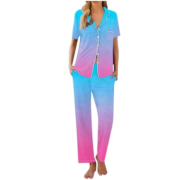 Women Gradient Pajamas Set Button down Sleepwear Short Sleeve Nightwear with Long Pants Two Piece Soft Pjs Set New Pants Set for Women Dressy Casual Blue S
