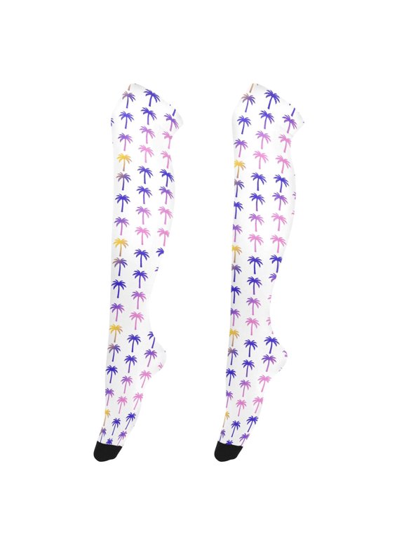 Women Gradient Palm Tree Pattern Over Knee Thigh High Socks