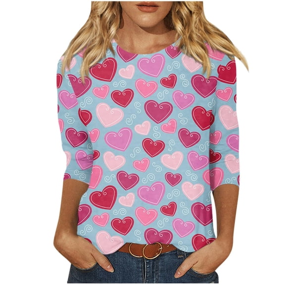 Women Gradient Plus Size Shirts Tops Heart Tshirts Casual 3/4 Sleeve Pullover Blouse Top Clothing