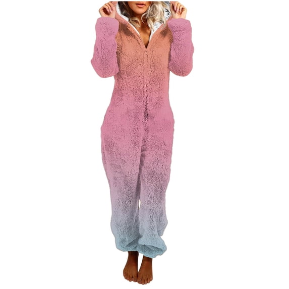 Women Gradient Plush Onesie Loungewear, Hooded Long Sleeve Jumpsuit, Center Front Zipper, Cuffed Ankle Cozy Warm Fluffy Sleepwear for Indoor Daily Use Pink,XXL
