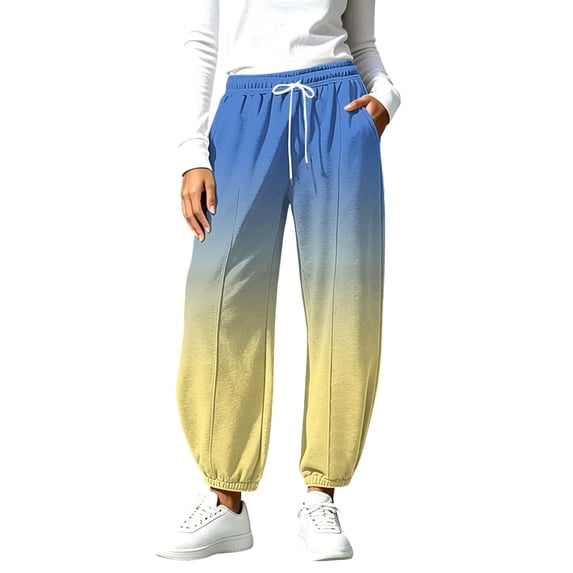 Women Gradient Print Jogger Pants Elastic High Waist Drawstring Sweatpants Loose Casual Trousers with Side Pockets Cuffed Ankle Soft Pants for Daily Wear Blue XL