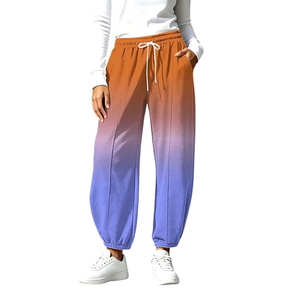 Women Gradient Print Jogger Pants Elastic High Waist Drawstring Sweatpants Loose Casual Trousers with Side Pockets Cuffed Ankle Soft Pants for Daily Wear Orange M
