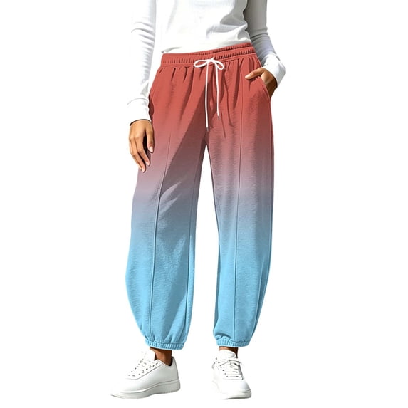 Women Gradient Print Jogger Pants Elastic High Waist Drawstring Sweatpants Loose Casual Trousers with Side Pockets Cuffed Ankle Soft Pants for Daily Wear Red XL