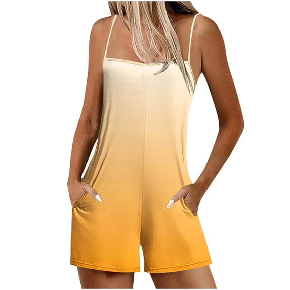 Women Gradient Printed Rompers Loose Casual Sleeveless Spaghetti Straps Shorts Overalls Jumpsuit with Pockets Womens Summer Romper Yellow S