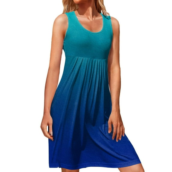 Womens Dresses Vacation, Women Gradient Sleeveless Midi Tank Dress Summer U Neck Swing Dress Casual T-shirt Sundress Beach Party