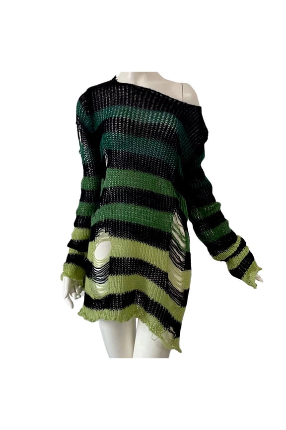Women Gradient Striped Print Long Sleeve Sweater Gothic Punk Harajuku Ripped Hole Pullover Top Asymmetrical Broken Knitwear Tunic Dress