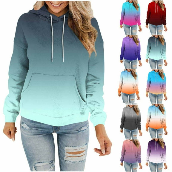 Women Gradient Sweatshirt Crew Neck Long Sleeve Tops Basic Jumper Tunic Blouse Shirts Green L
