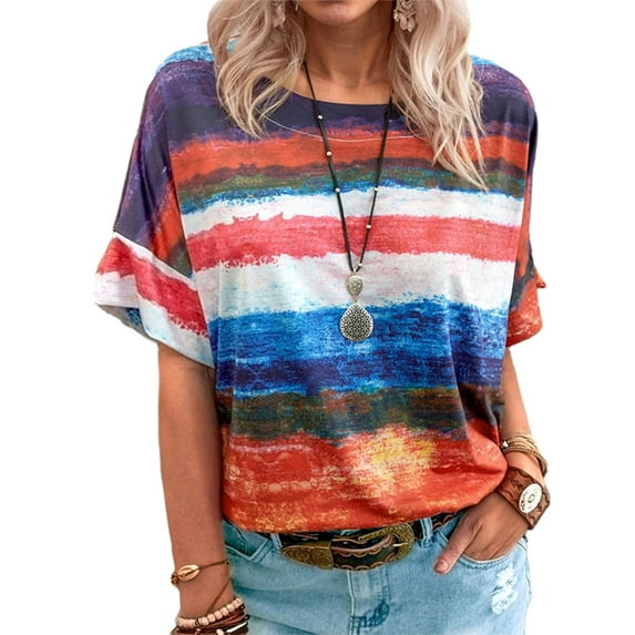 Avamo Women Casual Gradient Tunic Blouse Crew Neck Round Collar Tops Ladies Color Block Holiday Tee Red M