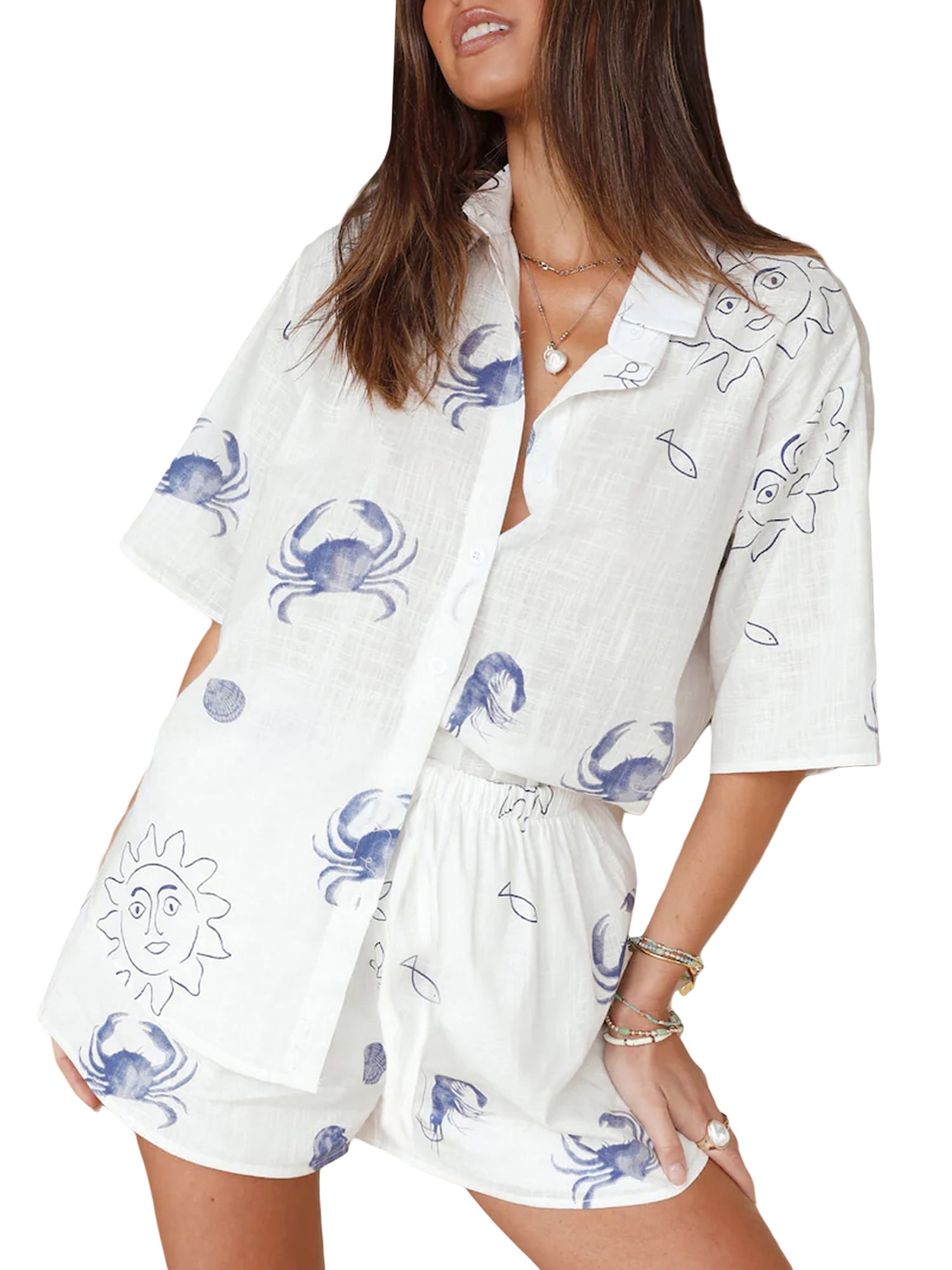 Women's Summer 2-Piece Outfit - Graffiti Print Button-Down Shirt & Shorts Set, Loose Fit