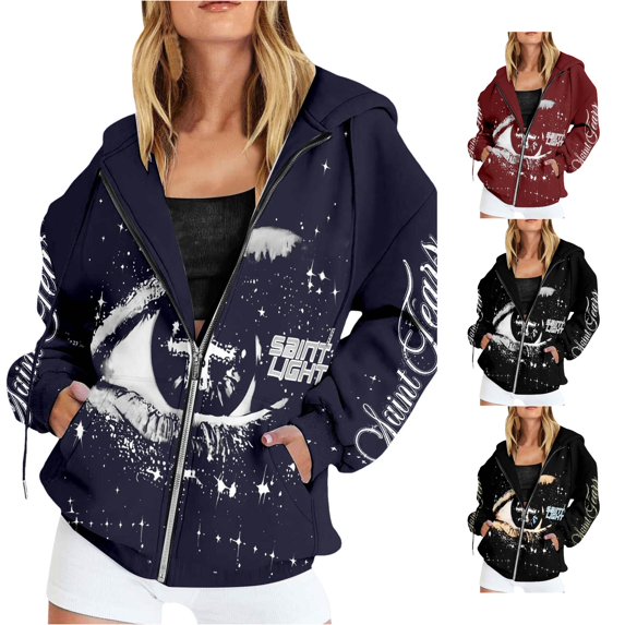 Women Graphic Eye Print Zip Up Hoodie with Text and Star Casual Trendy Streetwear Pullover Sweatshirt Top