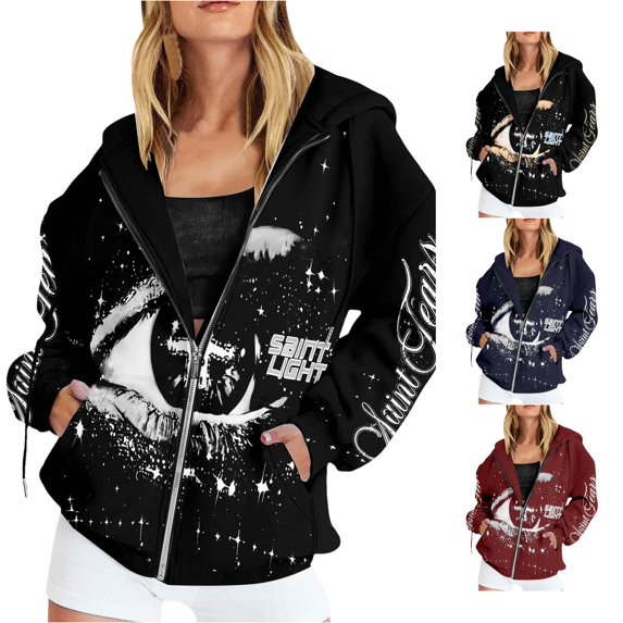 Women Graphic Eye Print Zip Up Hoodie with Text and Star Casual Trendy Streetwear Pullover Sweatshirt Top