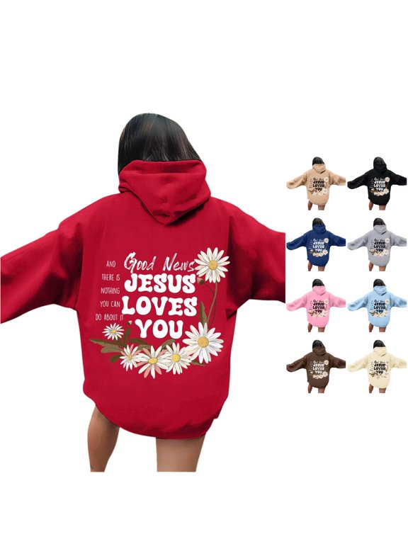 Women Graphic Hoodie with Back Print Jesus Loves You Daisy Casual Religious Pullover Sweatshirt