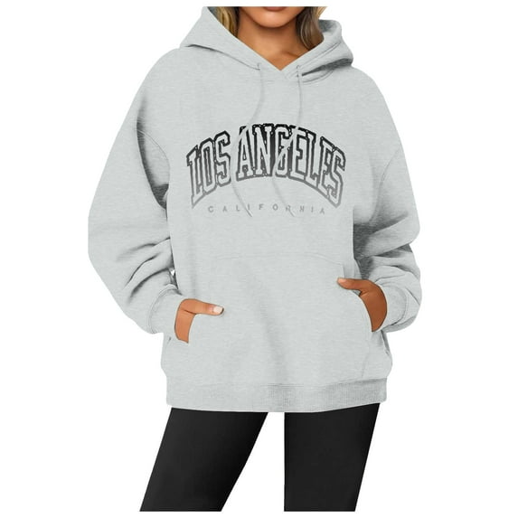 Women Graphic Hoodies Los Angeles Letter Print Long Sleeve Sweatshirts with Pocket Fall Trendy Casual Relaxed Fit Tops