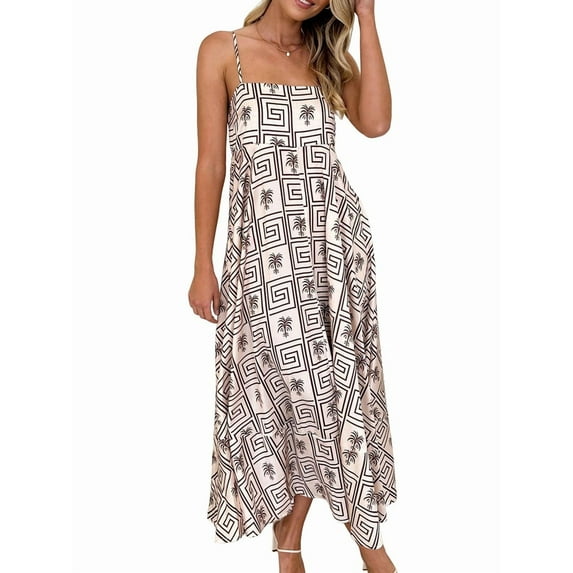 Women Graphic Maxi Dress Spaghetti Strap Floral Boho Long Dress Flowy Summer Holiday Beach Dress Squares XXL