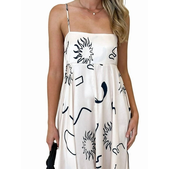 Women Graphic Maxi Dress Spaghetti Strap Floral Boho Long Dress Flowy Summer Holiday Beach Dress Beige Floral XXL