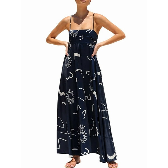 Women Graphic Maxi Dress Spaghetti Strap Floral Boho Long Dress Flowy Summer Holiday Beach Dress Hidden Blue XL