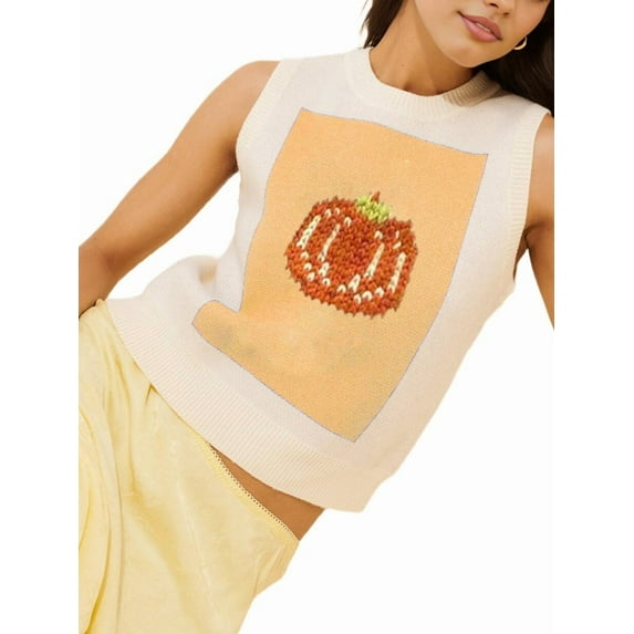 Women Graphic Sweater Vest Y2k Sleeveless Lobster Pullover Top Crew Neck Fall Knit Tank Top D L