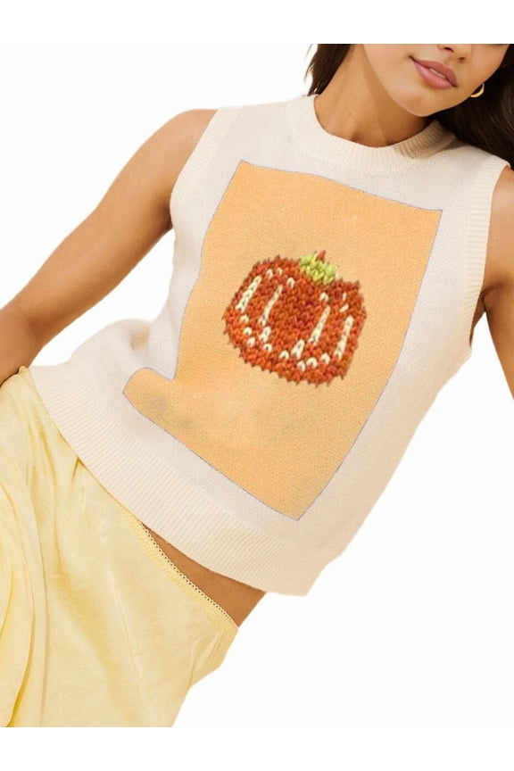 Women Graphic Sweater Vest Y2k Sleeveless Lobster Pullover Top Crew Neck Fall Knit Tank Top D S