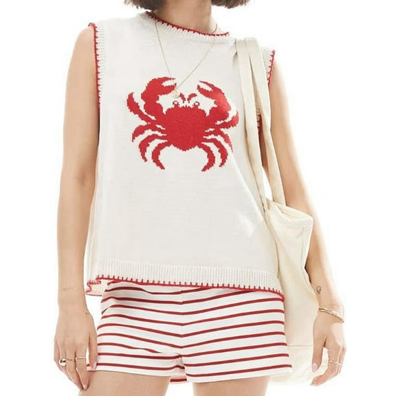 Women Graphic Sweater Vest Y2k Sleeveless Lobster Pullover Top Crew Neck Light Weight Fall Knit Tank Top Crab S
