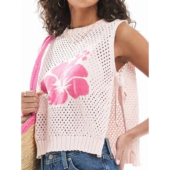 Women Graphic Sweater Vest Y2k Sleeveless Lobster Pullover Top Crew Neck Light-Weight Fall Knit Tank Top White S