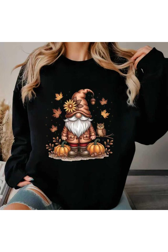 Women Graphic Sweatshirt, Cute Fall T-Shirt with Gnome, Owl & Pumpkin Harvest Story Print，Crew neck Tops，Retro，cotton，black，S-3XL