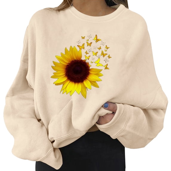 Women Graphic Sweatshirts No Hood Casual Long Sleeve Round Neck Sunflower Printed Loose Pullover Tops Beige S