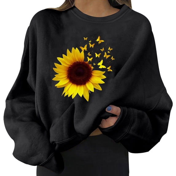 Women Graphic Sweatshirts No Hood Casual Long Sleeve Round Neck Sunflower Printed Loose Pullover Tops Black XXL