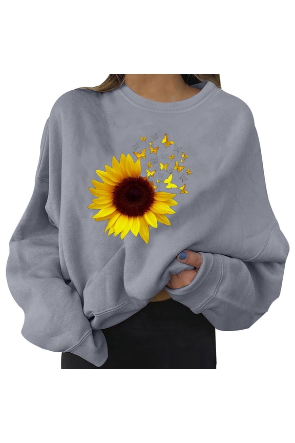Women Graphic Sweatshirts No Hood Casual Long Sleeve Round Neck Sunflower Printed Loose Pullover Tops Gray XL