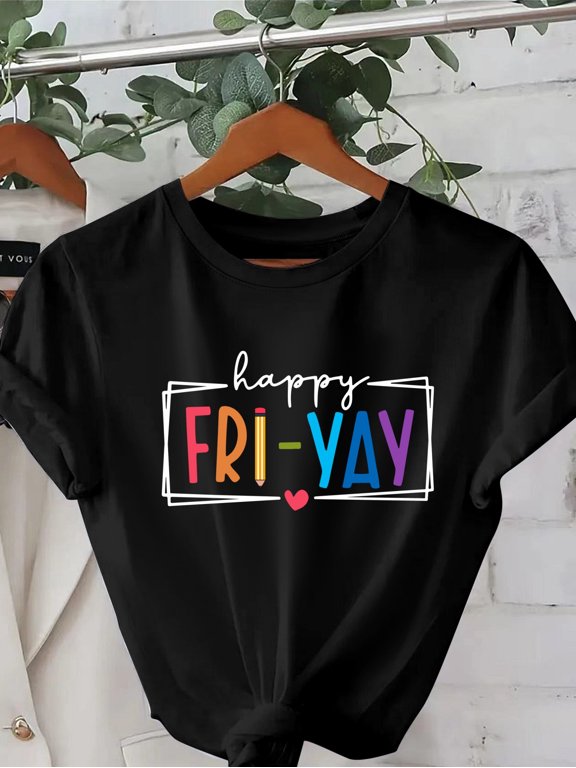 Women Graphic T-Shirt Happy FRI-YAY Print Tee Casual Short Sleeve Crew Neck Funny Friday Shirt