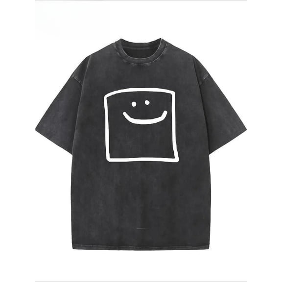 Women Graphic Tee Black S-2XL Washed Cotton Funny Face Print Round Neck Short Sleeve Casual Plus Size