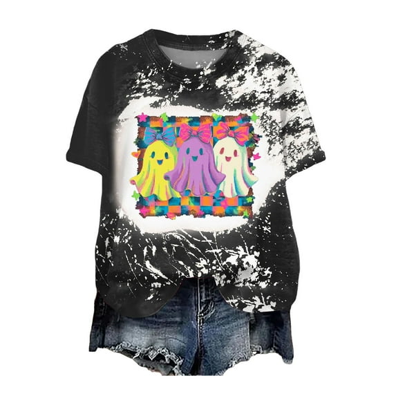 Women Graphic Tees Cartoon Printed Round Neck Short Sleeve T Shirt Halloween T Shirt Tops
