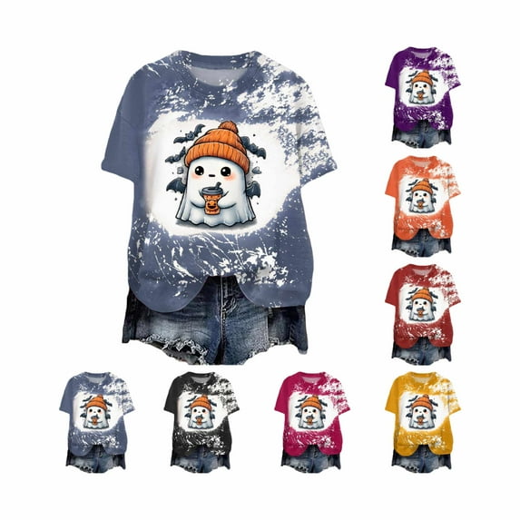 Women Graphic Tees Cartoon Printed Round Neck Short Sleeve T Shirt Halloween T Shirt Tops