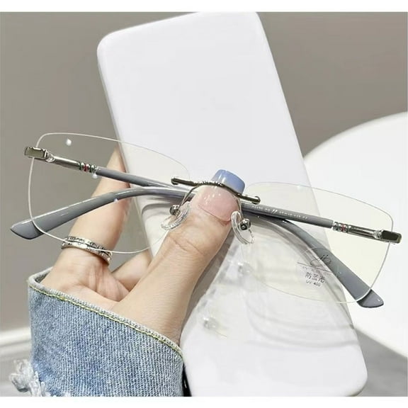 Women Gray Rimless Rectangular Reading Glasses 2.00, Men Frameless Metal Blue Light Blocking Readers +2.00 Strength