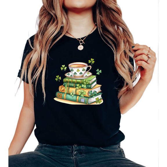Women Green Clover Tea Book St Patricks Day Cotton Graphic Tee Round-neck Printed Cotton T Shirt Black S-5XL