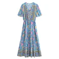 thumbnail image 1 of Women Green Floral Print Ruffles Sleeve Tassel Bohemian Maxi Dresses Ladies V-neck Rayon Holiday Boho Dress Robe, 1 of 7