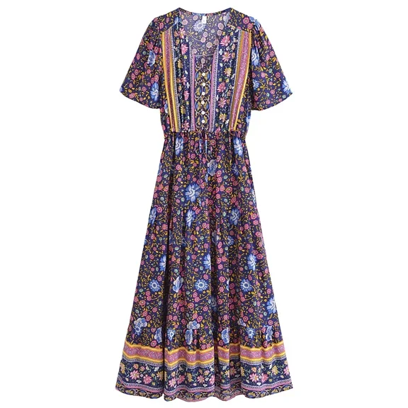 Women Green Floral Print Ruffles Sleeve Tassel Bohemian Maxi Dresses Ladies V-neck Rayon Holiday Boho Dress Robe