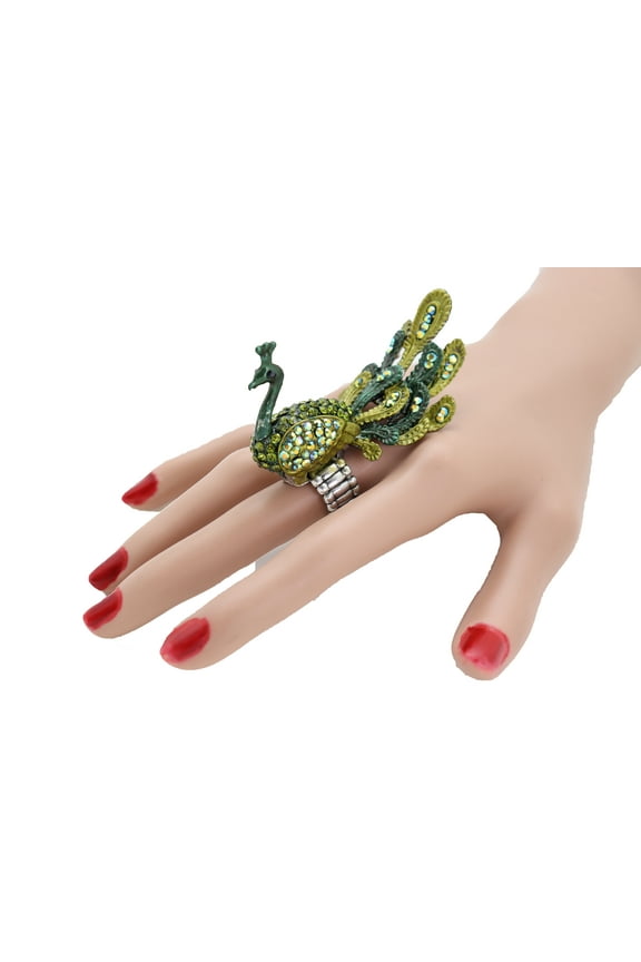 Women Green Peacock Fashion Ring Silver Metal Elastic Band Feathers