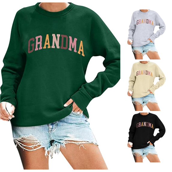 Women Grey Crewneck Sweatshirt with Grandma Varsity Letter Graphic and Relaxed Fit Casual Family Gift Pullover Top
