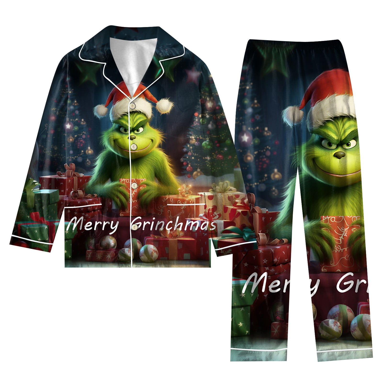 Women Grinch Christmas Pajamas Set Silk Pajamas Christmas Costume Womens Long Sleeve Sleepwear
