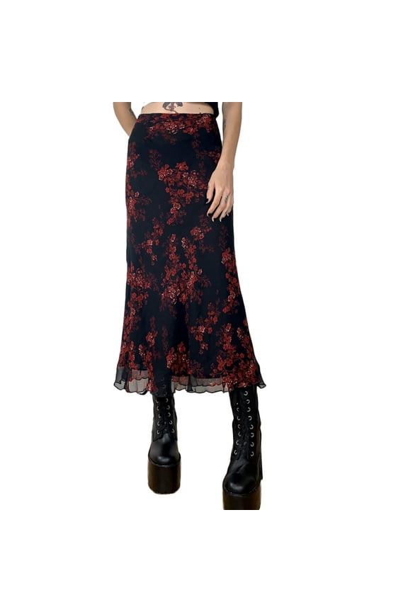 Women Grunge Midi Skirt Retro Vintage Floral Print Patchwork Long Midi Skirt Y2K E-Girls Aesthetic Streetwear