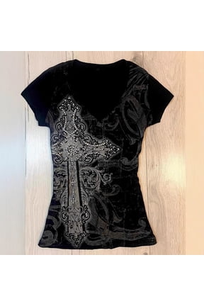 Women Grunge Shirts Emo Clothes Y2K Graphic Tee Short Sleeve Printed T Shirt Loose Fit Casual Top Crew Neck Soft Tee Casual Basic Tee S