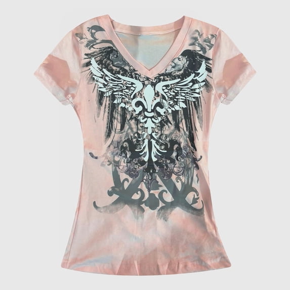 Women Grunge Shirts Vintage Graphic Tees Y2k Short Sleeve Goth Tops Emo Tshirts Streetwear Pink L