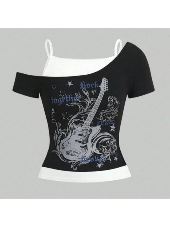 Women Grunge Tee Top Y2k Emo 2000s Vintage Two Piece Cold Shoulder Short Sleeve T Shirt Crop Tops Black M