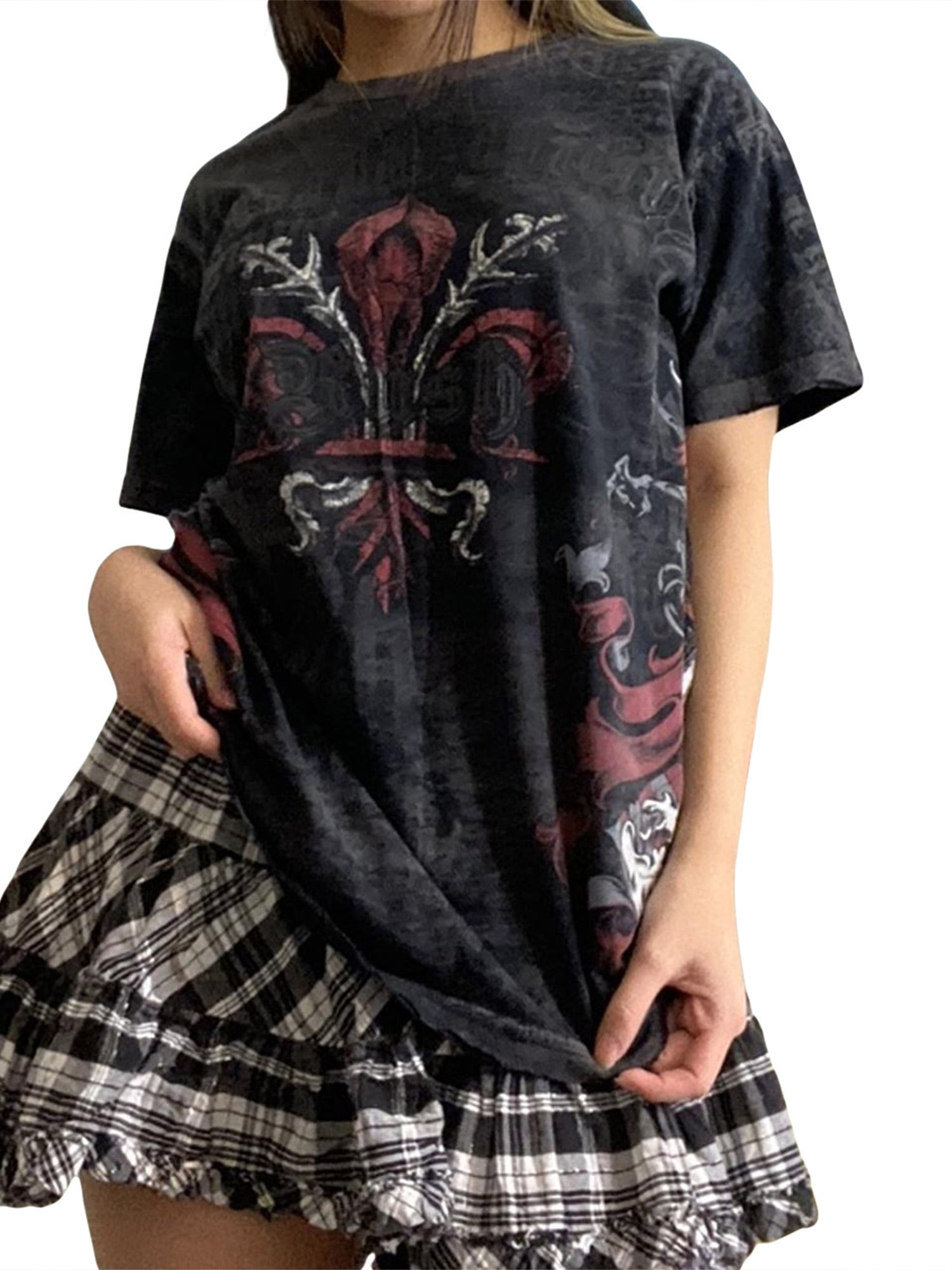 Women Grunge Y2k Short Sleeve Oversized Shirt Graphic Printed Crop Tops