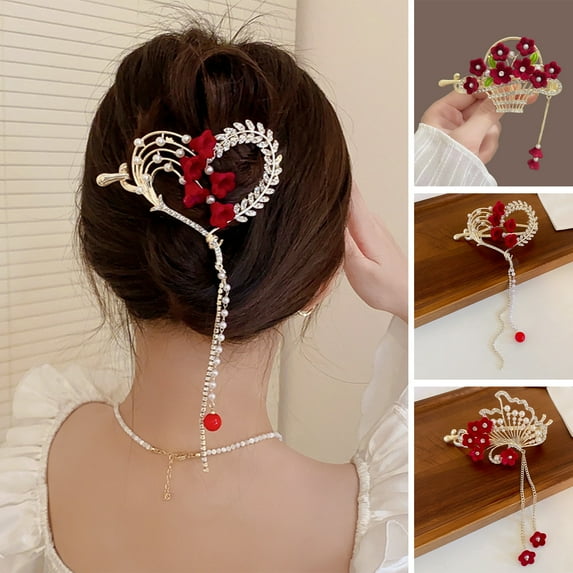 Women Hair Barrette Shiny Rhinestone Faux Pearl Heart Shape Flower Long Tassel Hollow Out Anti-slip Luxury Exquisite Lady Hair Decoration Jewelry Hair Clip